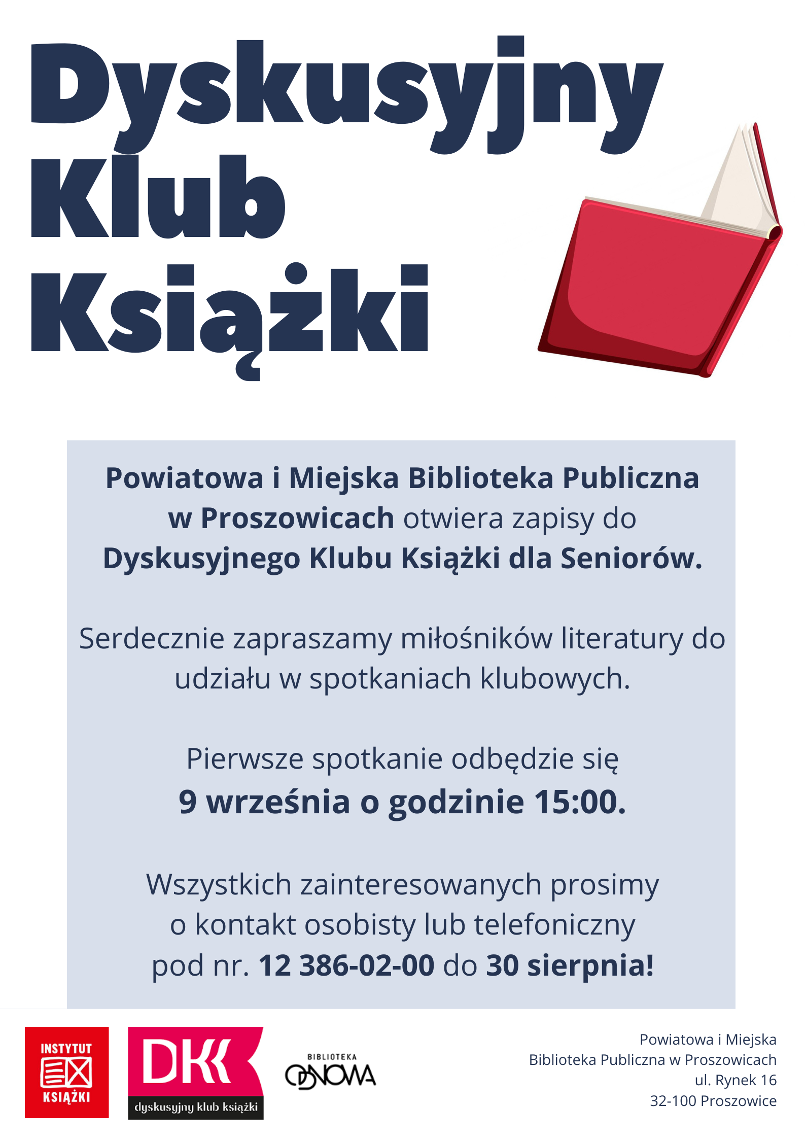 plakat dyskusyjnego klubu książki, skrót informacji zawartych w ogłoszeniu