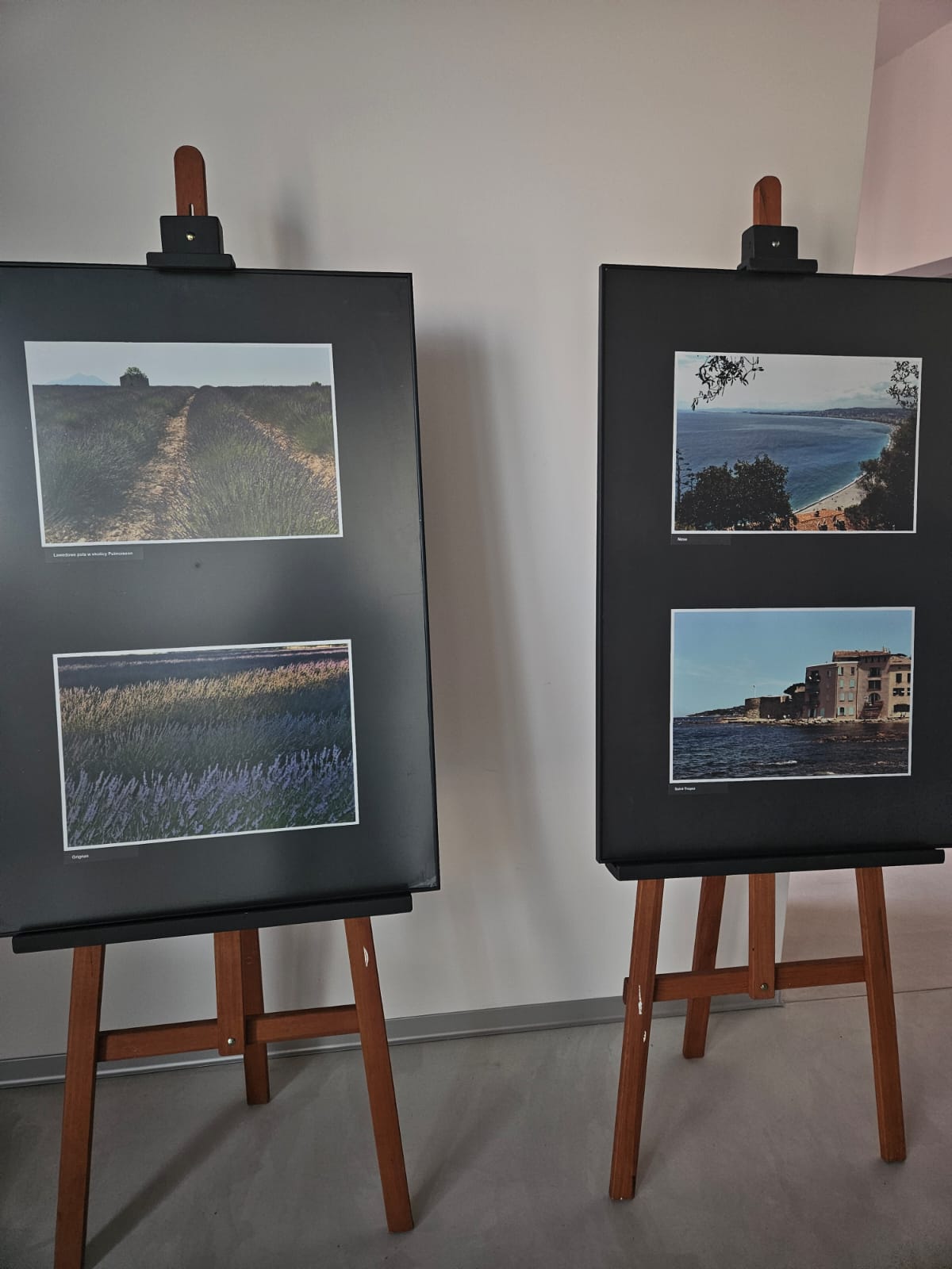 dwie sztalugi na białym tle, na nich fotografie: pola lawendowe oraz wybrzeże ze starym budynkiem